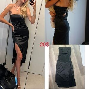 Bershka Black Strapless Dress with High Slit